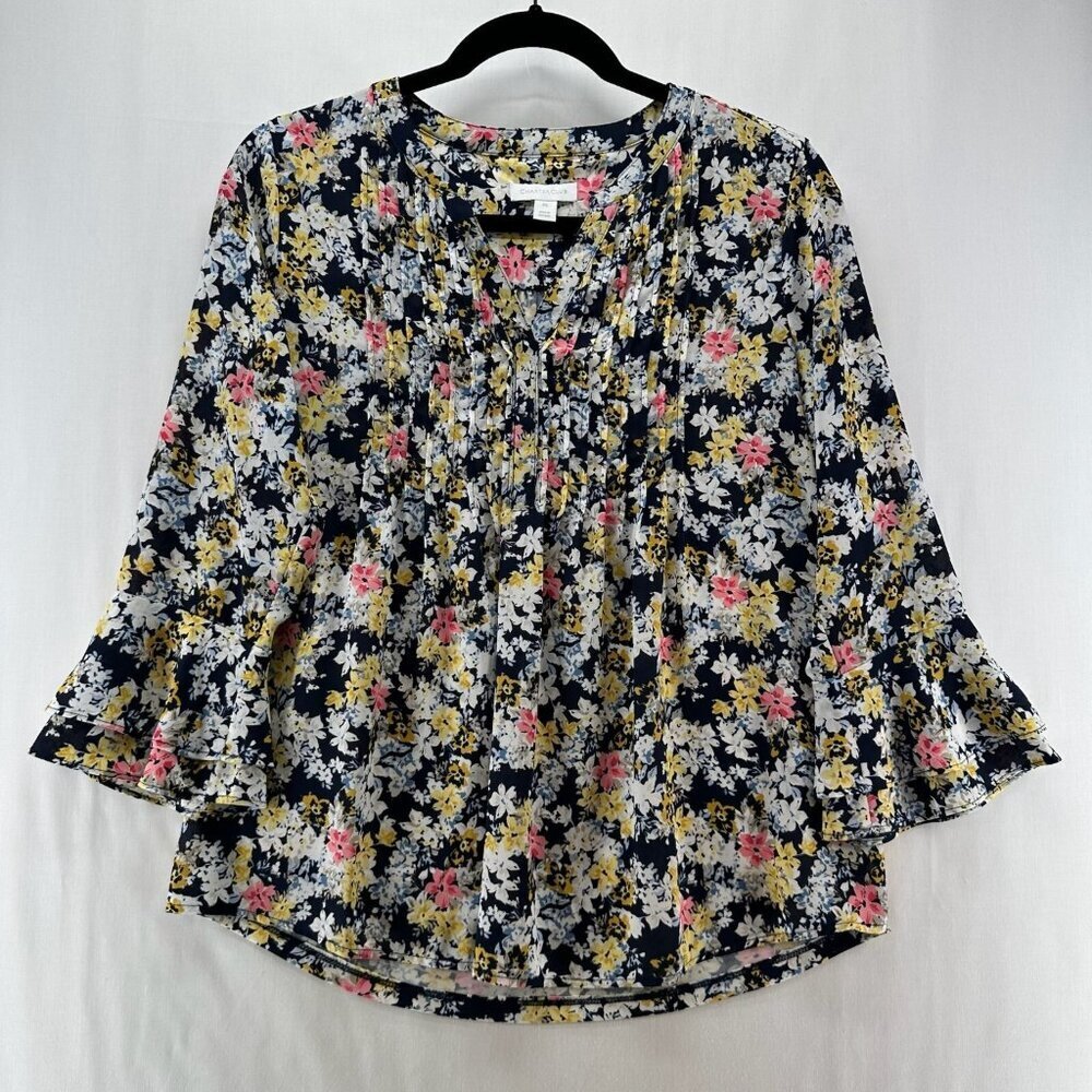 Charter Club Blouse Womens PS V-Neck 3/4 Bell Sleeves Pintuck Floral Multicolor